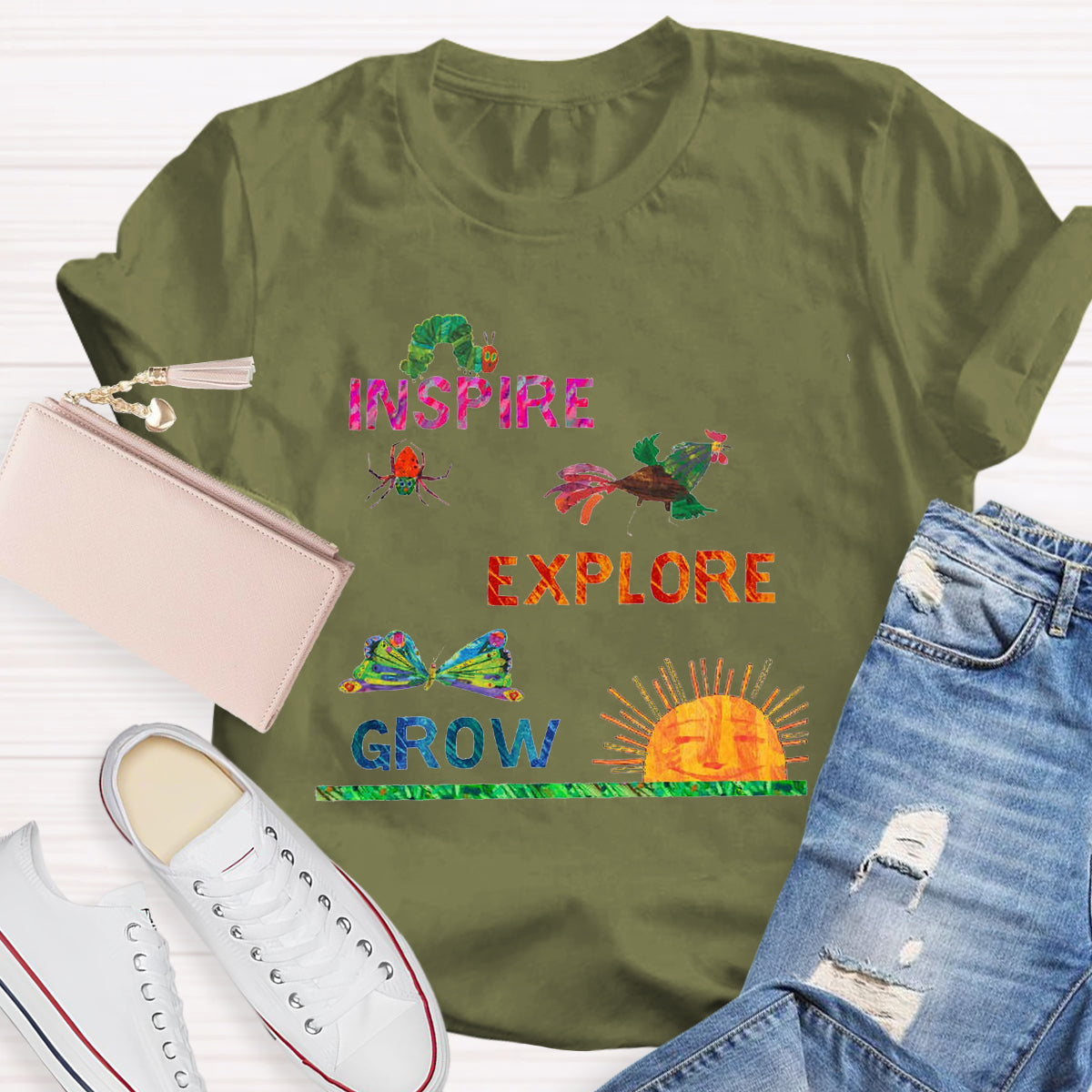 Inspire Explore Grow Caterpillar Grows Colorful Butterfly T-Shirt