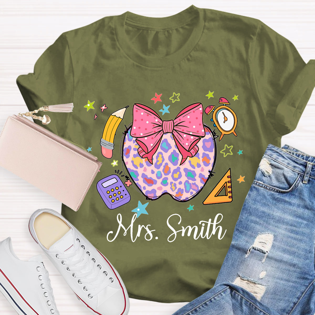 Personalized Name Leopard Apple Teacher T-Shirt