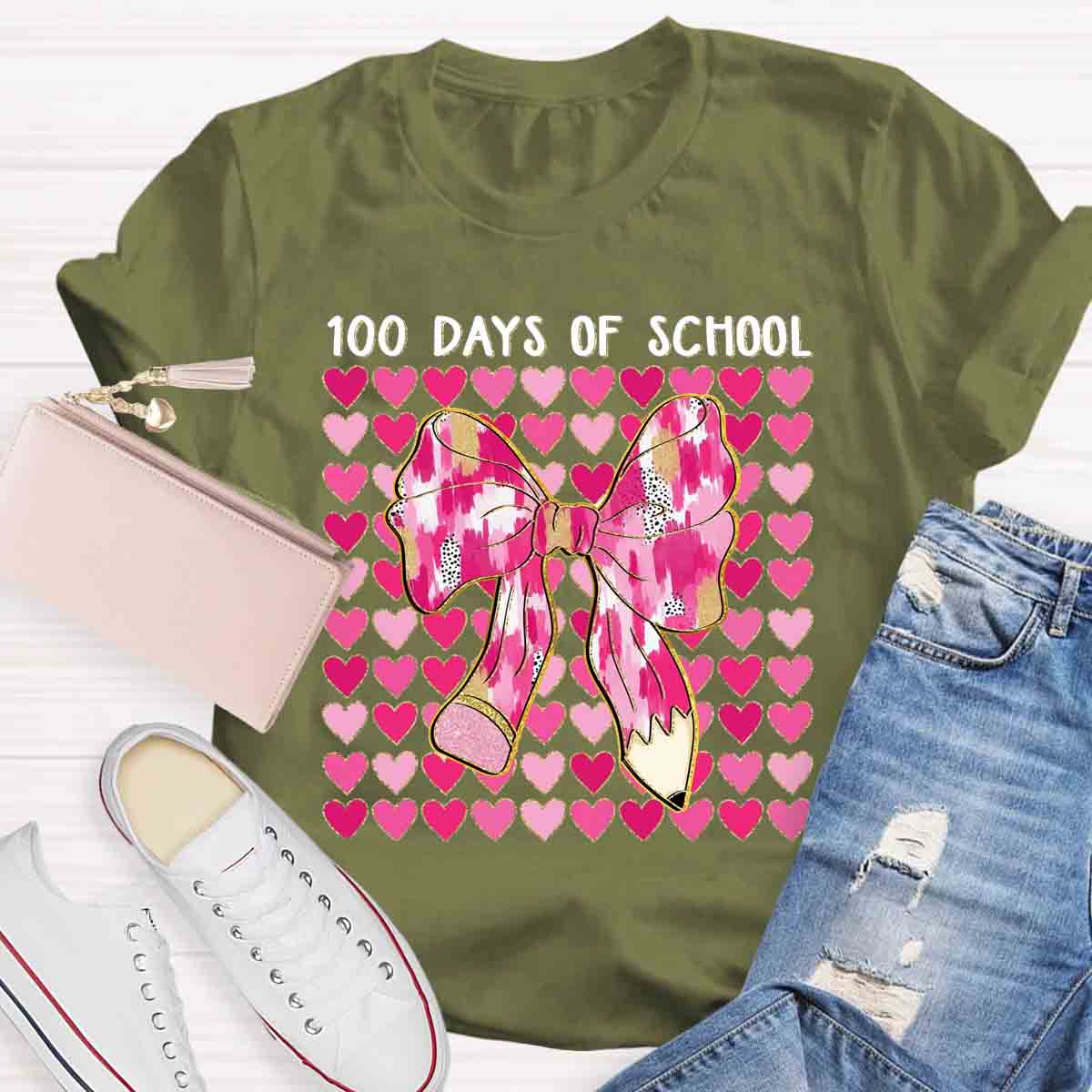 100 Days Of School Pink Heart Bow Teacher T-Shirt