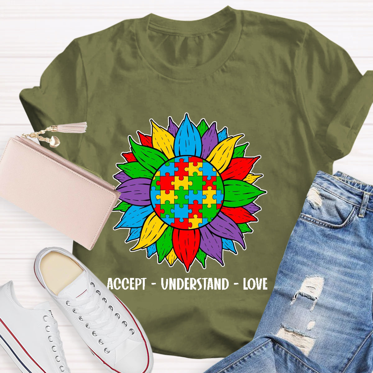 Accept Understand Love Colorful Sunflower Teacher T-Shirt