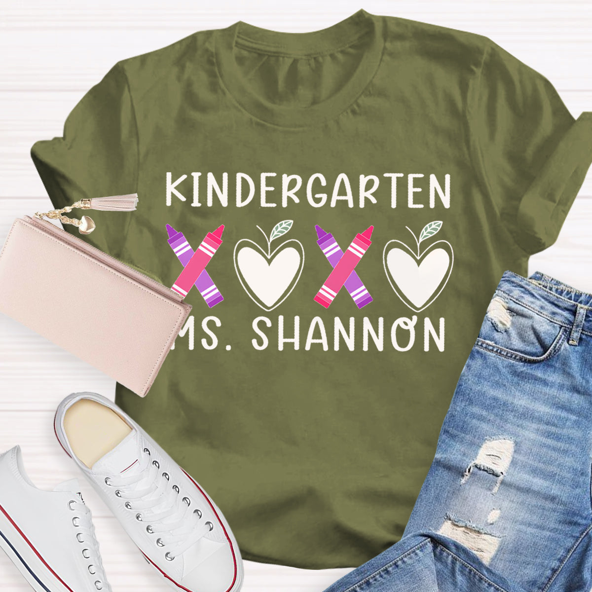 Personalized Grade And Name Pink Heart Crayon Teacher T-Shirt