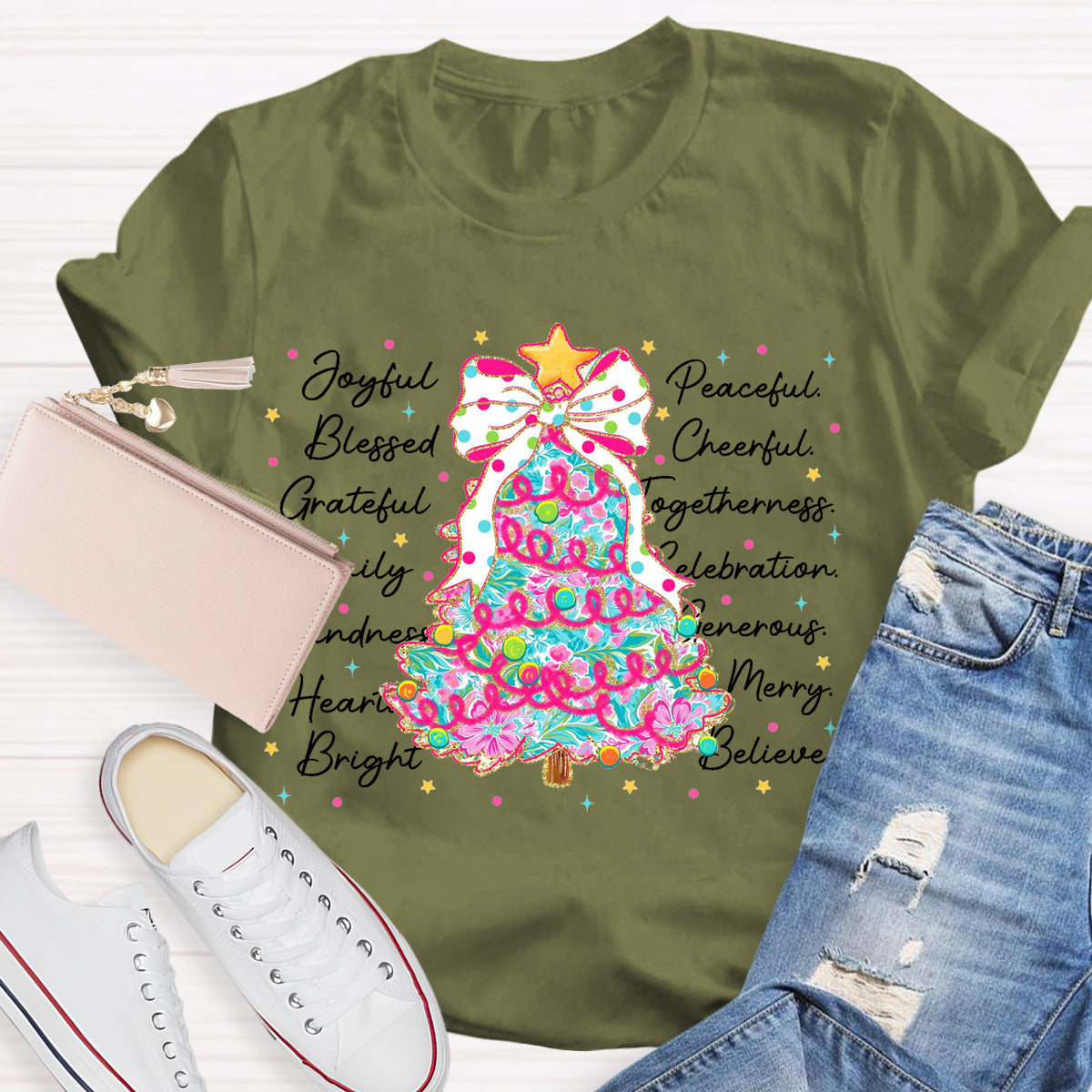 Christmas Tree Joyful Peaceful Cheerful T-Shirt