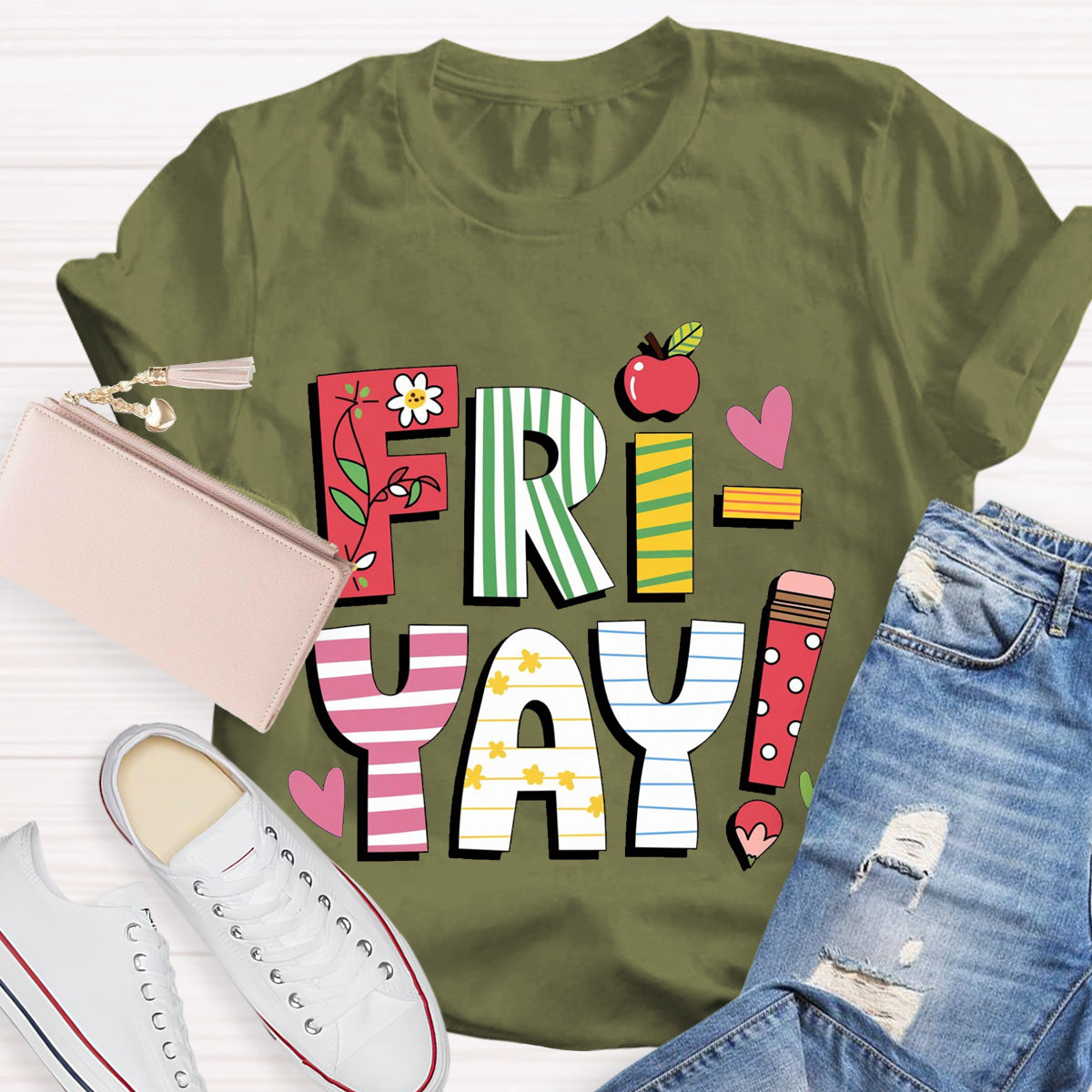 Fri-yay Floral Apple Pencil Teacher T-Shirt