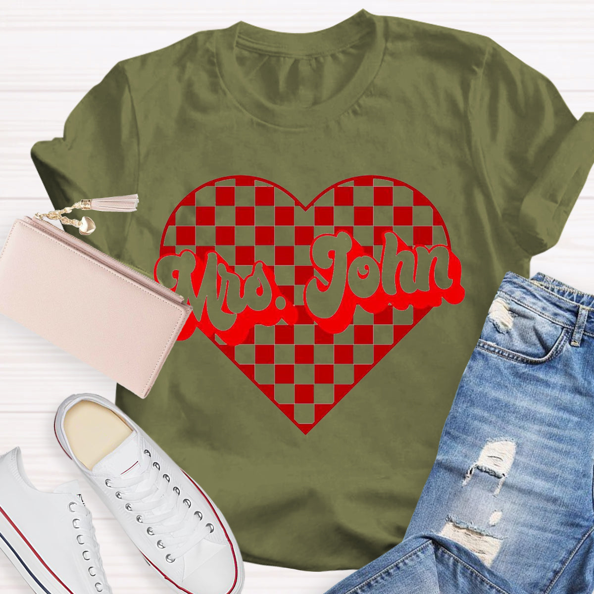 Personalized Name Heart Mrs John Teacher T-Shirt