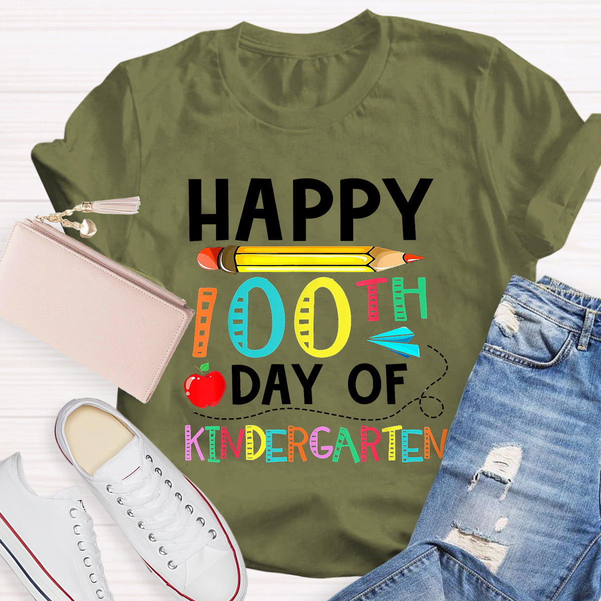 Happy 100th Day of Kindergarten Apple Pencil T-Shirt