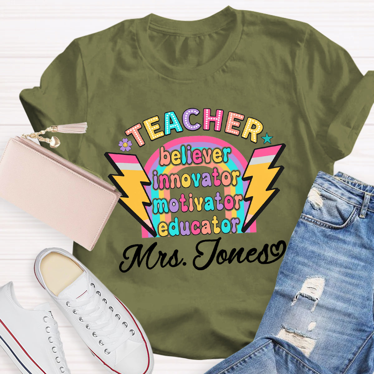 Personalized Name Teacher Believer Innovator Motivator T-Shirt