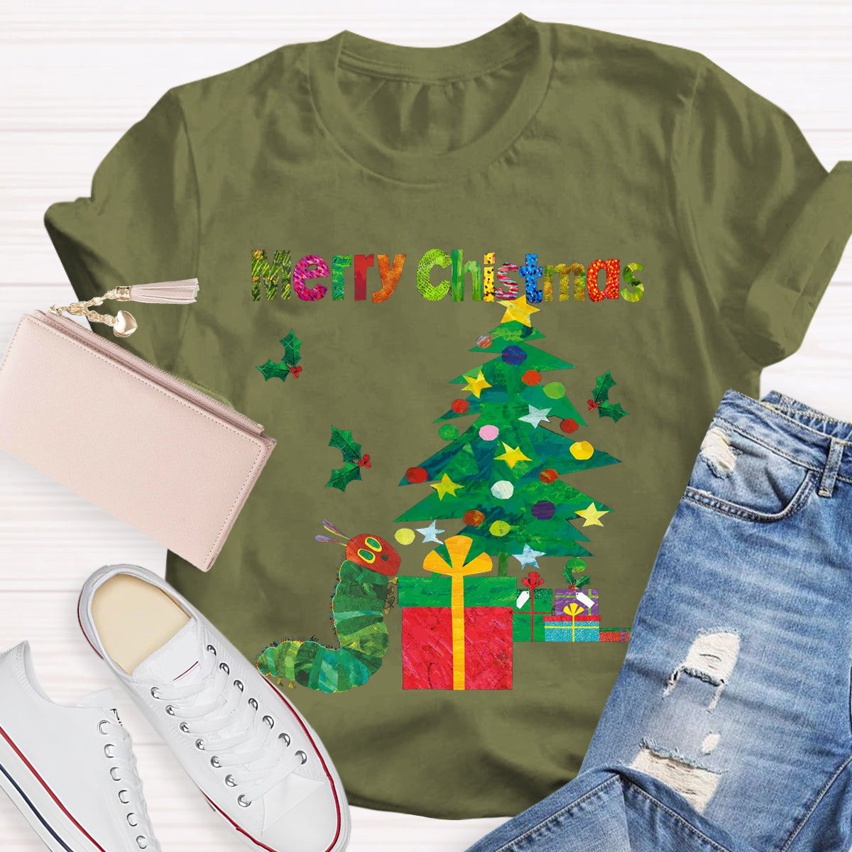 Merry Christmas Caterpillar Crawling Towards Christmas Tree T-Shirt