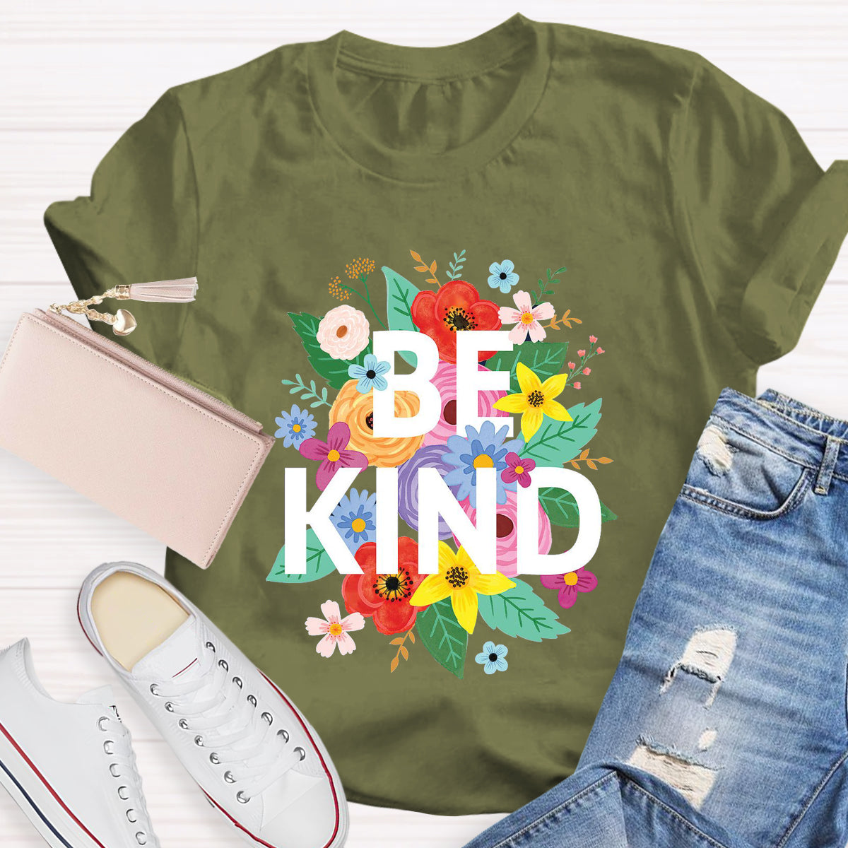 Colorful Flower Be Kind Teacher T-Shirt