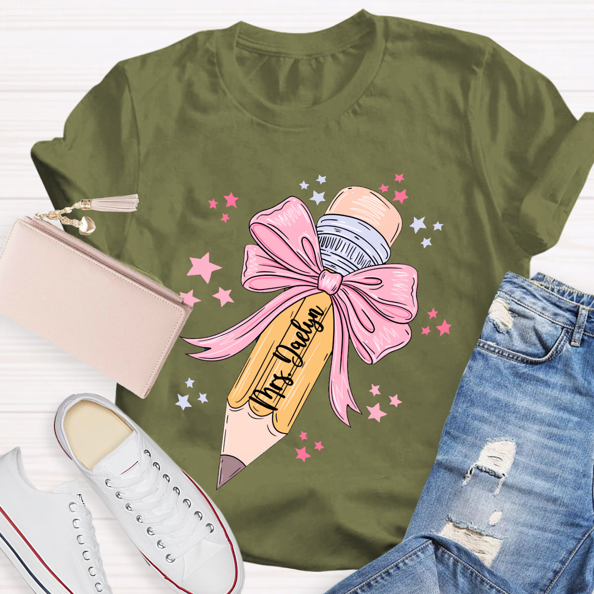 Personalized Name Pink Pencil Teacher T-Shirt