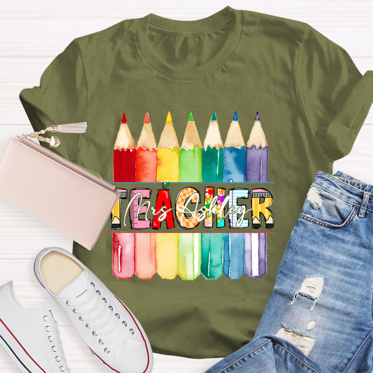 Personalized Teacher's Name Colorful Pencil T-Shirt