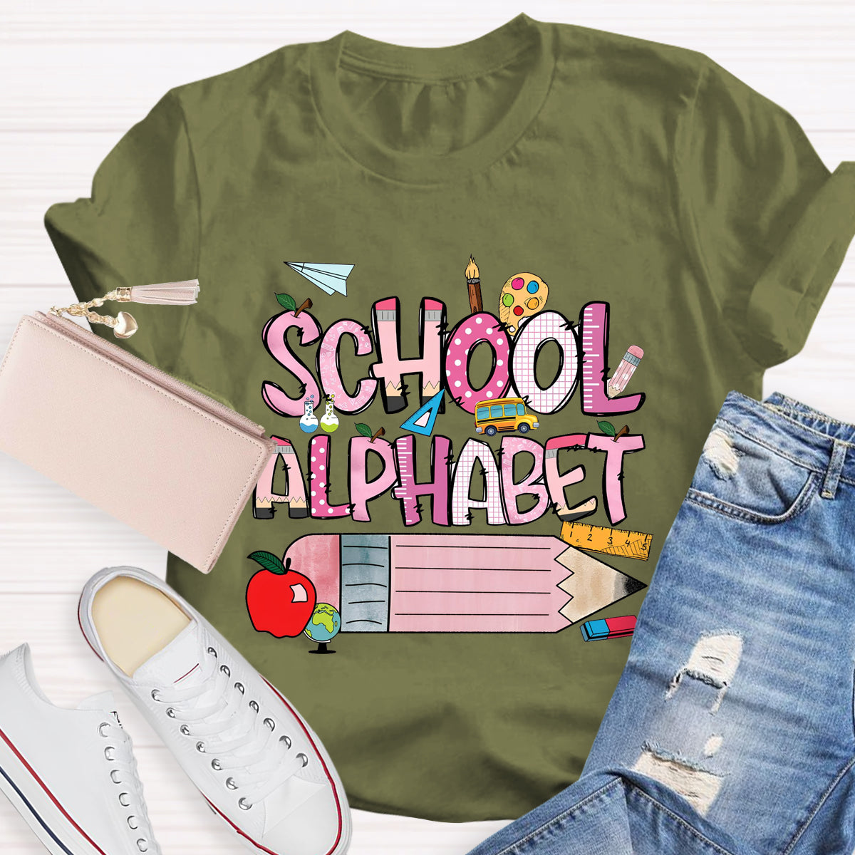 School Alphabet Pink Pencil Teacher T-Shirt