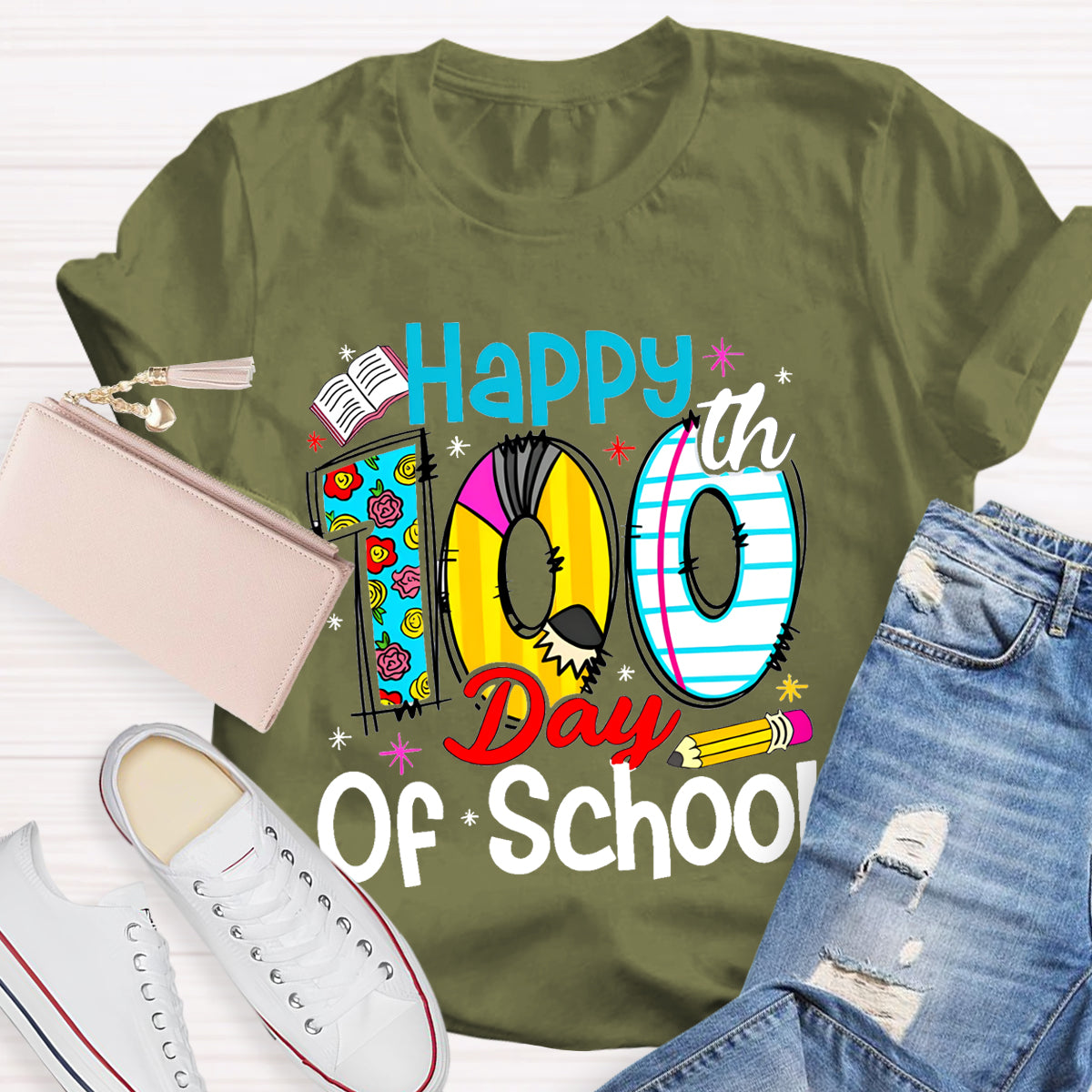 Happy 100th Days Of School Book Pencil T-Shirt