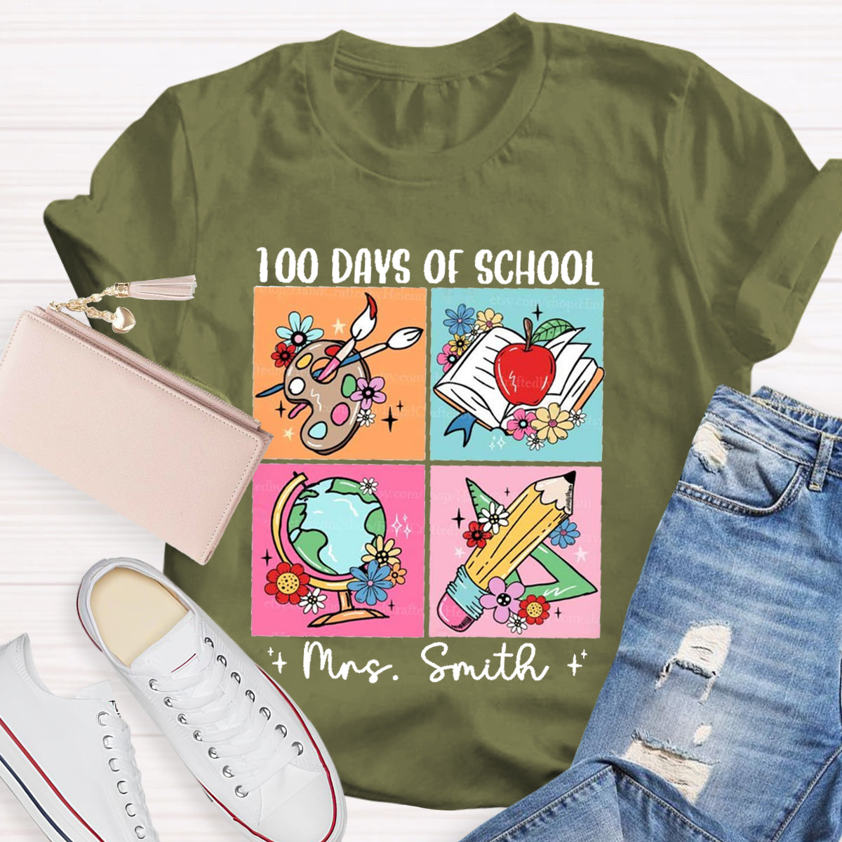 Personalized Name 100 Days Of School Pencil Apple T-Shirt