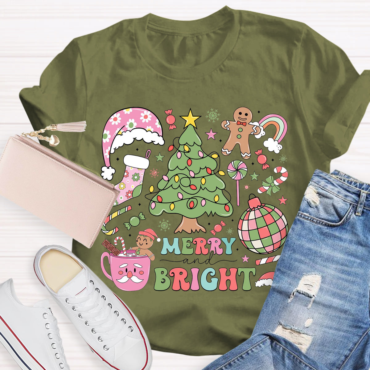 Merry And Bright Christmas Tree Teacher T-Shirt