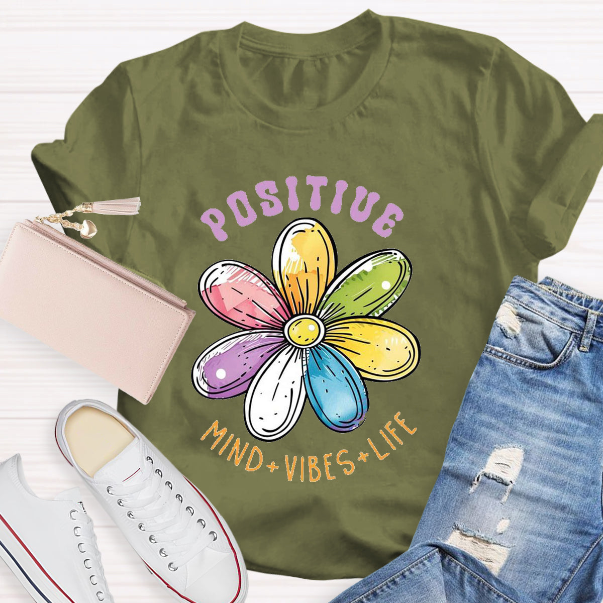 Positive Mind Vibes Life Floral Teacher T-Shirt