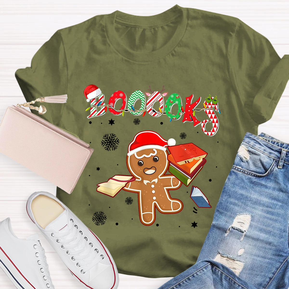 Christmas Gingerbread Books Librarian Reader Reading Teacher T-Shirt