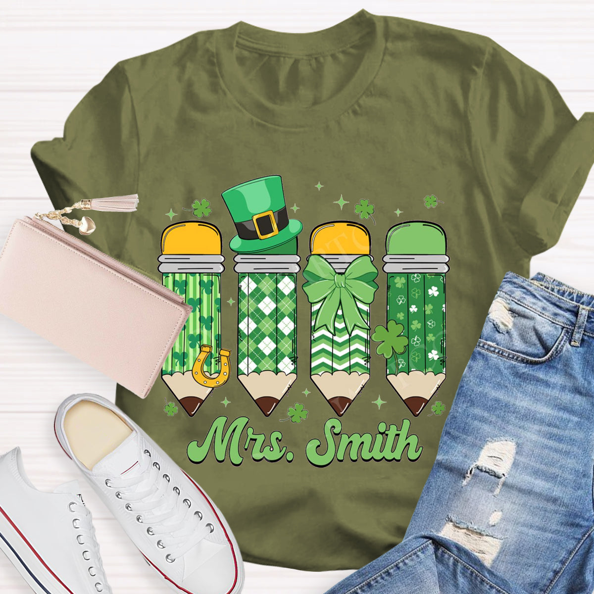 Personalize Name St. Patrick's Day Pencil Teacher T-Shirt