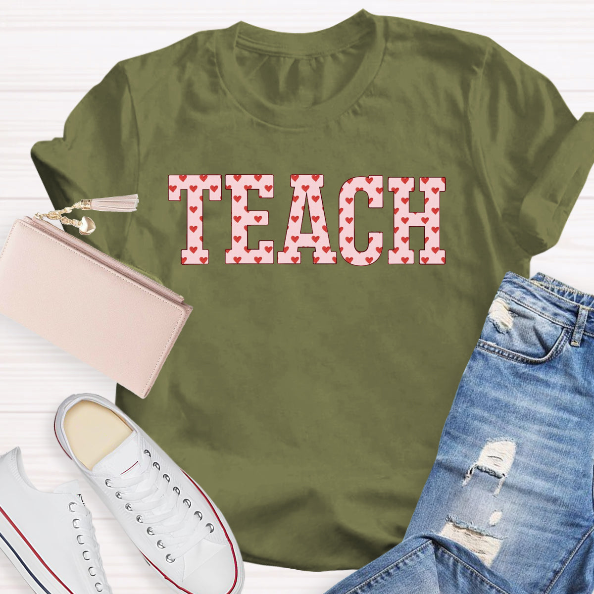 Pink Heart Teach Teacher T-Shirt