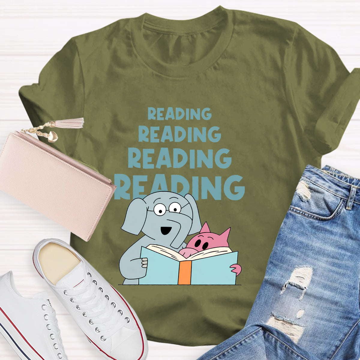 Reading Reading Reading Elephant Teacher T-Shirt