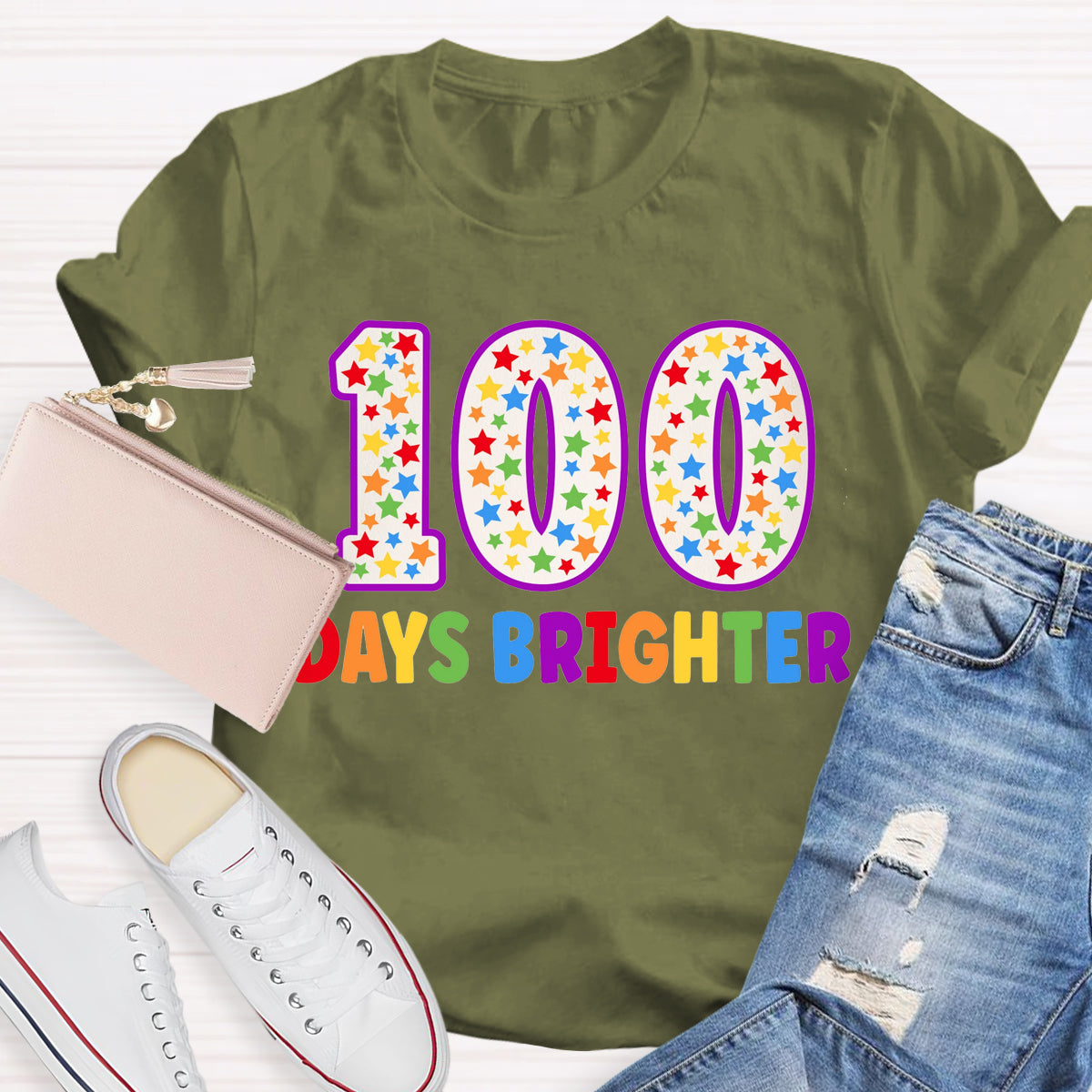 100 Days Brighter Colorful Letter Teacher T-Shirt