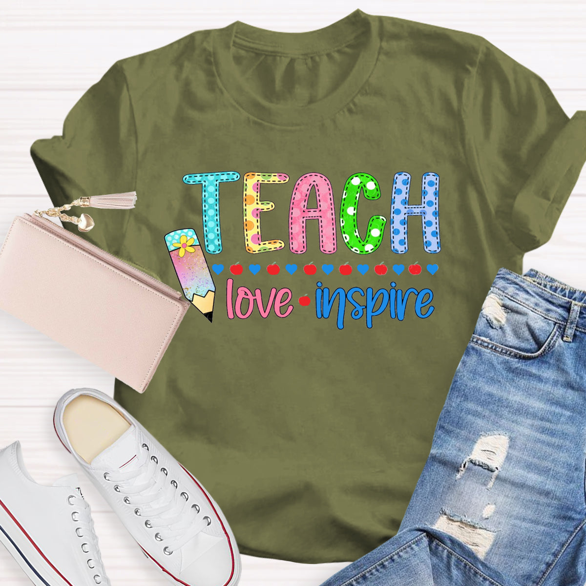 Teach Love Inspire Pencil Apple Printed T-Shirt