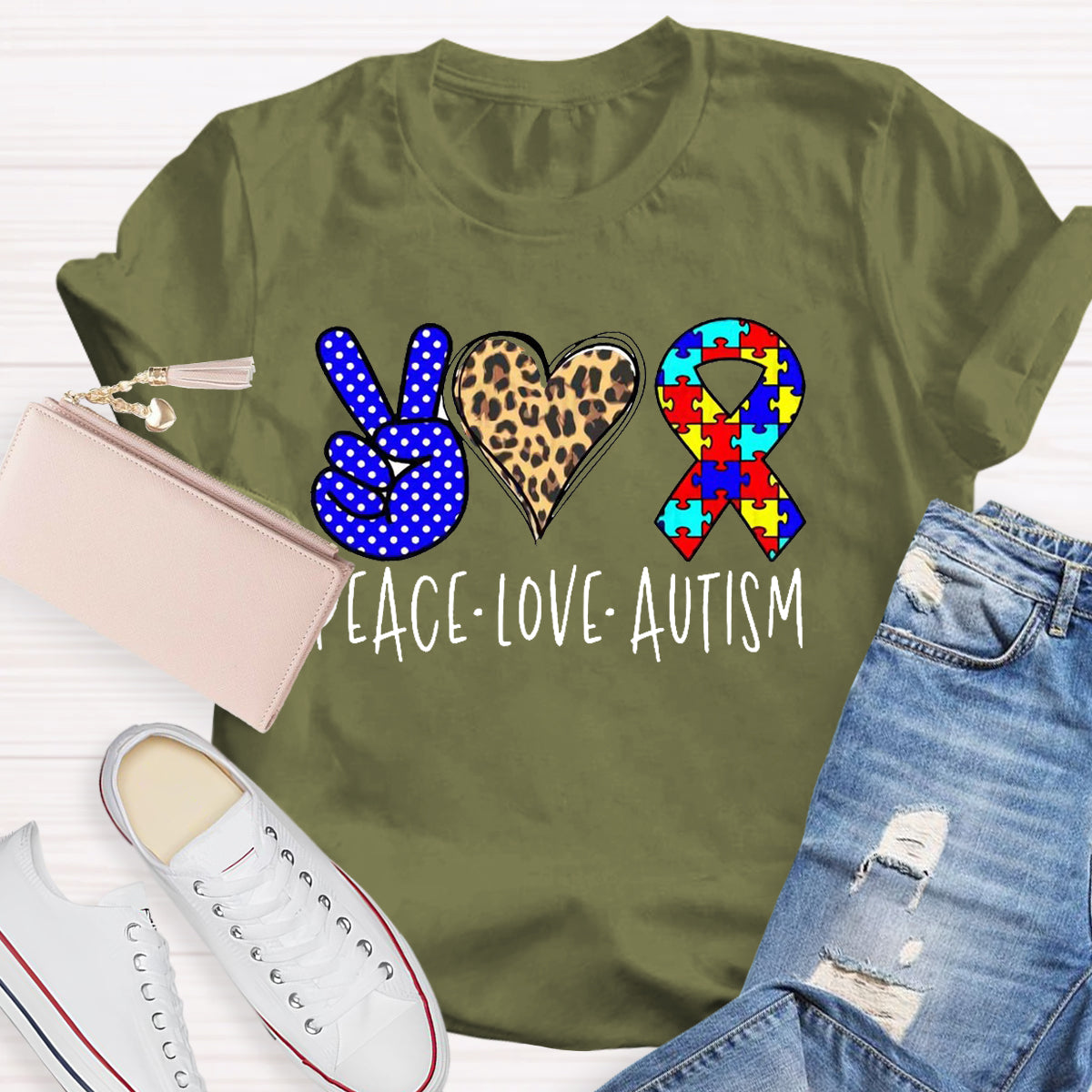 Peace love Autism Leopard Heart T-Shirt