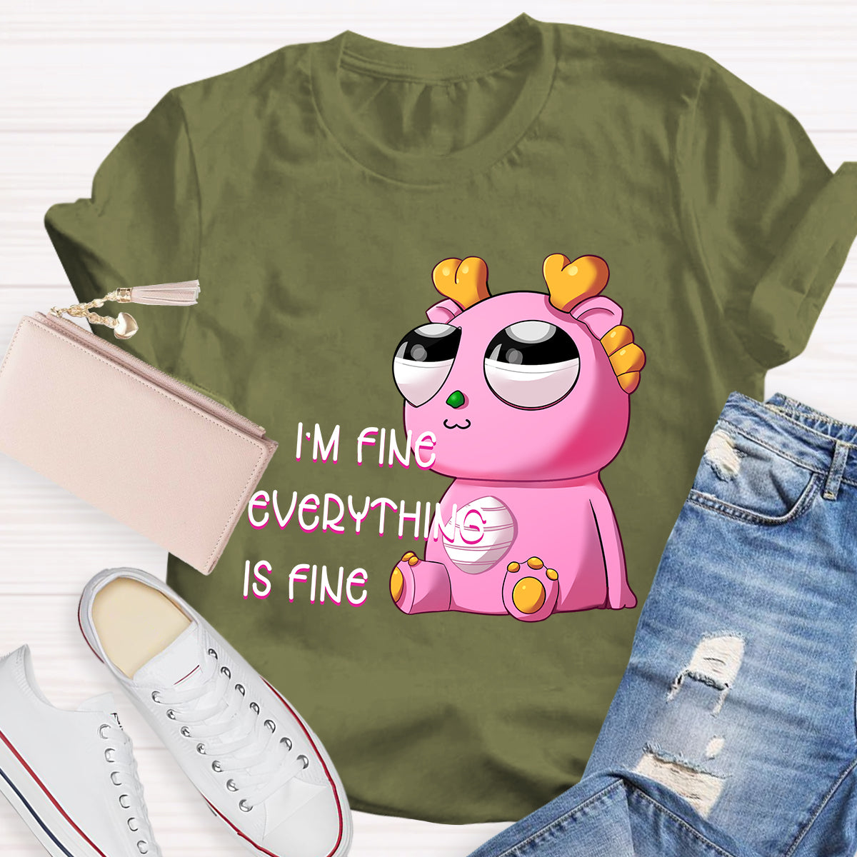 I'm Fine Everything is Fine  Pink Big Eyes Dragon T-Shirt