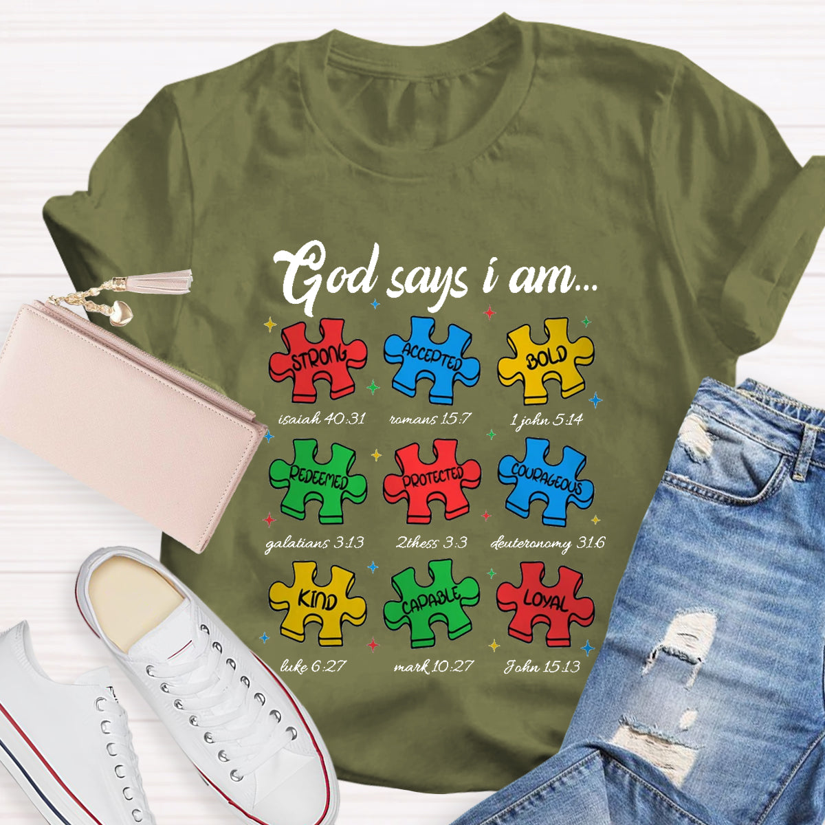 God Says I am Strong Puzzle Pieces Autism T-Shirt