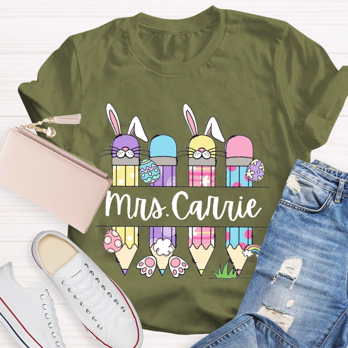 Personalized Name Bunny Teacher T-Shirt