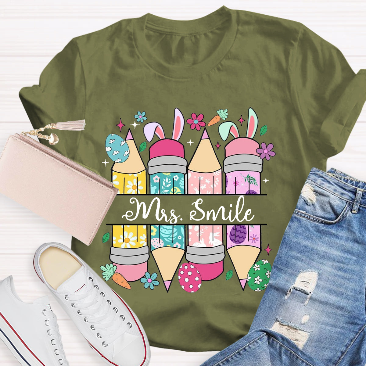 Personalized Name Easter Bunny Pencil Teacher T-Shirt