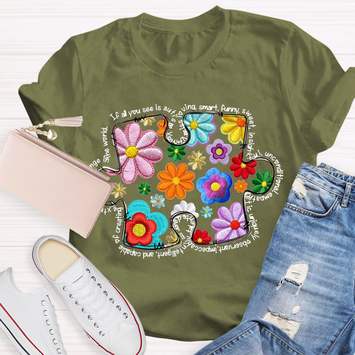 Floral Puzzle Pieces Austim T-Shirt