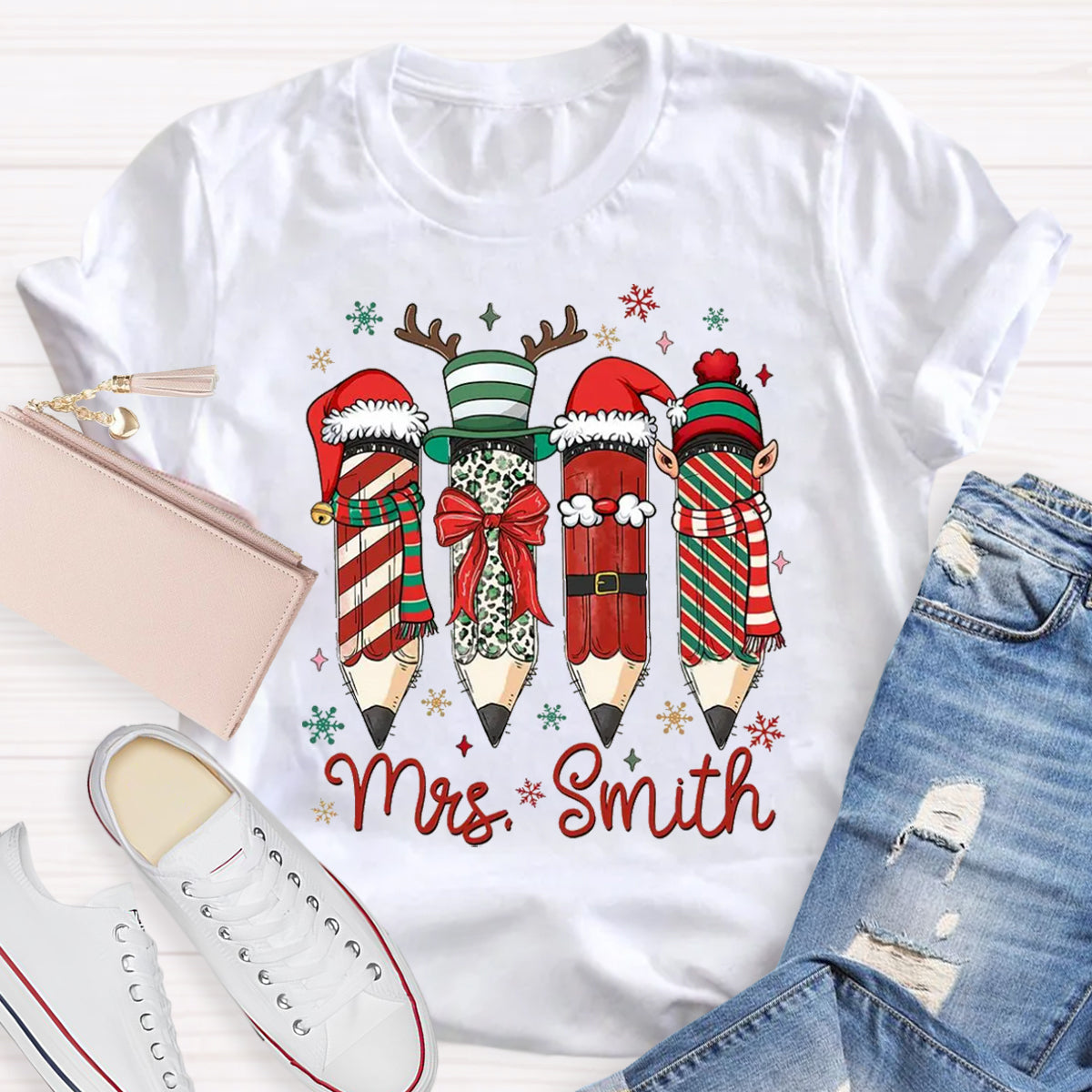 Personalized Name Cute Christmas Pencil Teacher T-Shirt