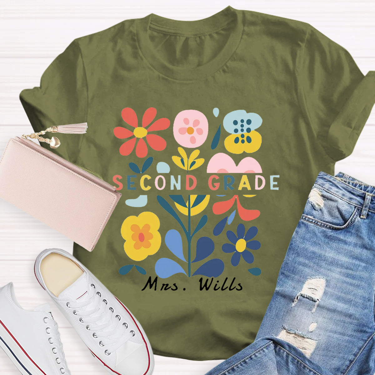 Personalized Name And Grade Floral Teacher T-Shirt