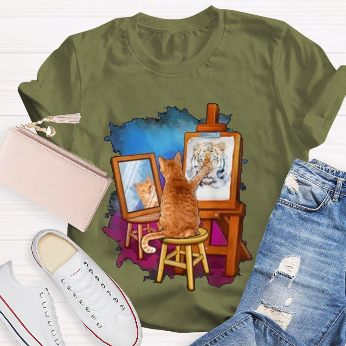 Funny Cat Painting Lion Teacher T-Shirt