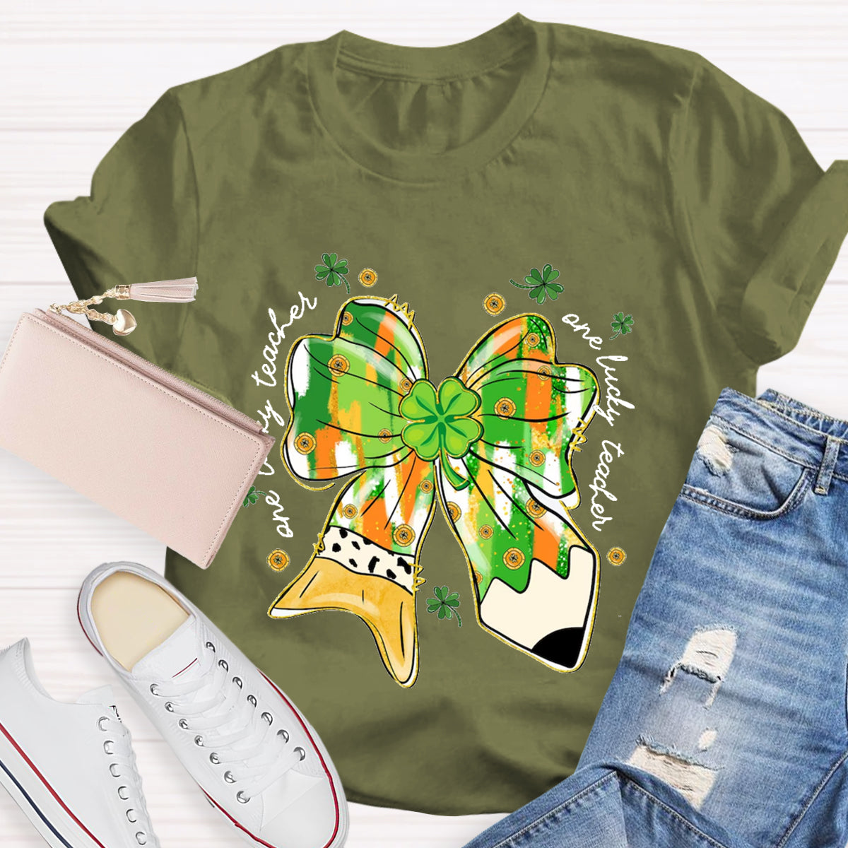 One Lucky Teacher Green Bow T-Shirt