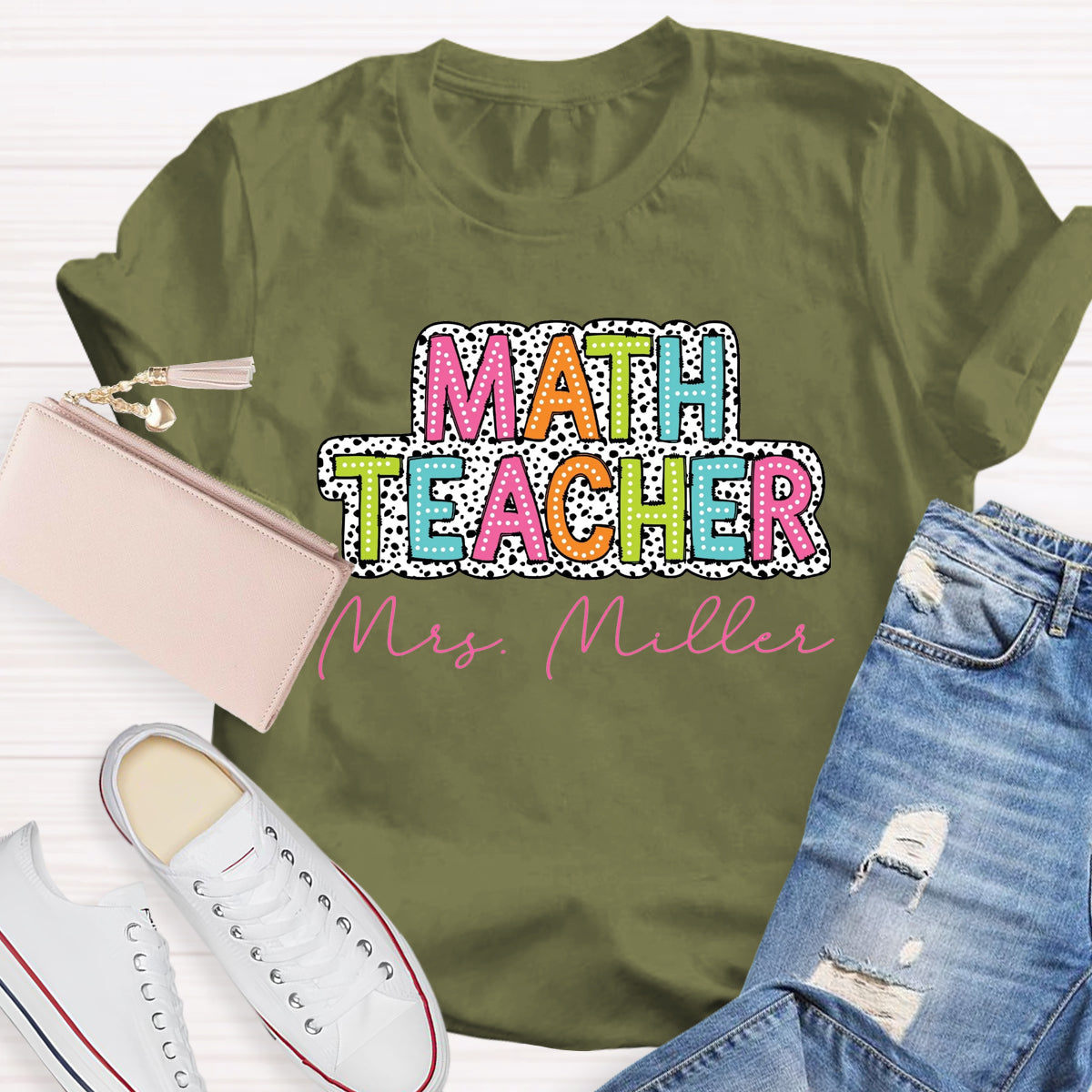 Personalized Name Dalmatian Dots Math Teacher T-Shirt