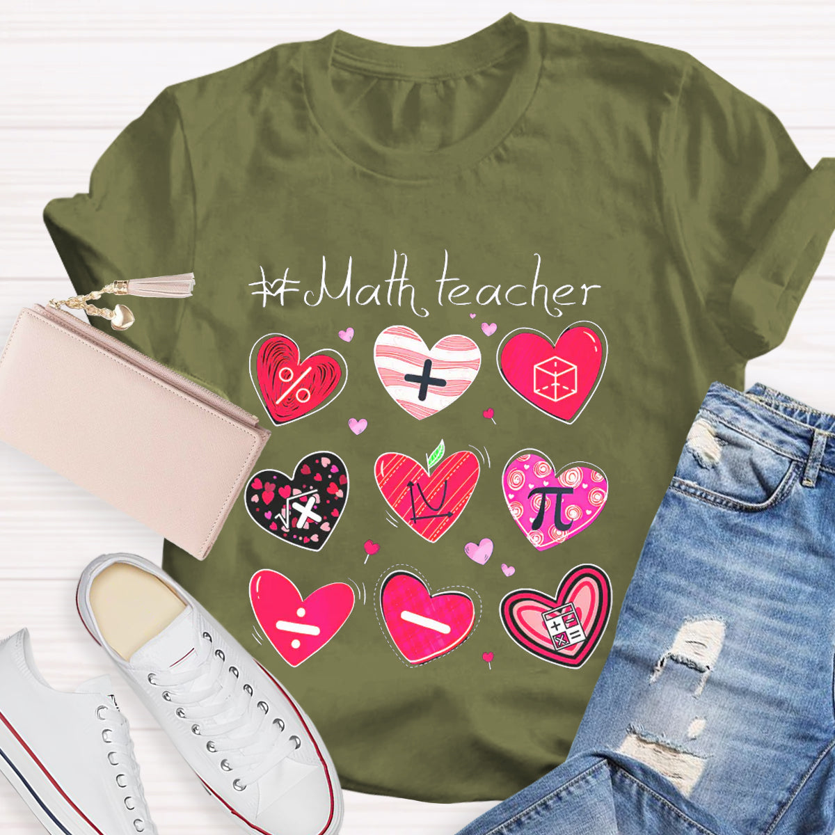 Red Heart Math Symbols Teacher T-Shirt