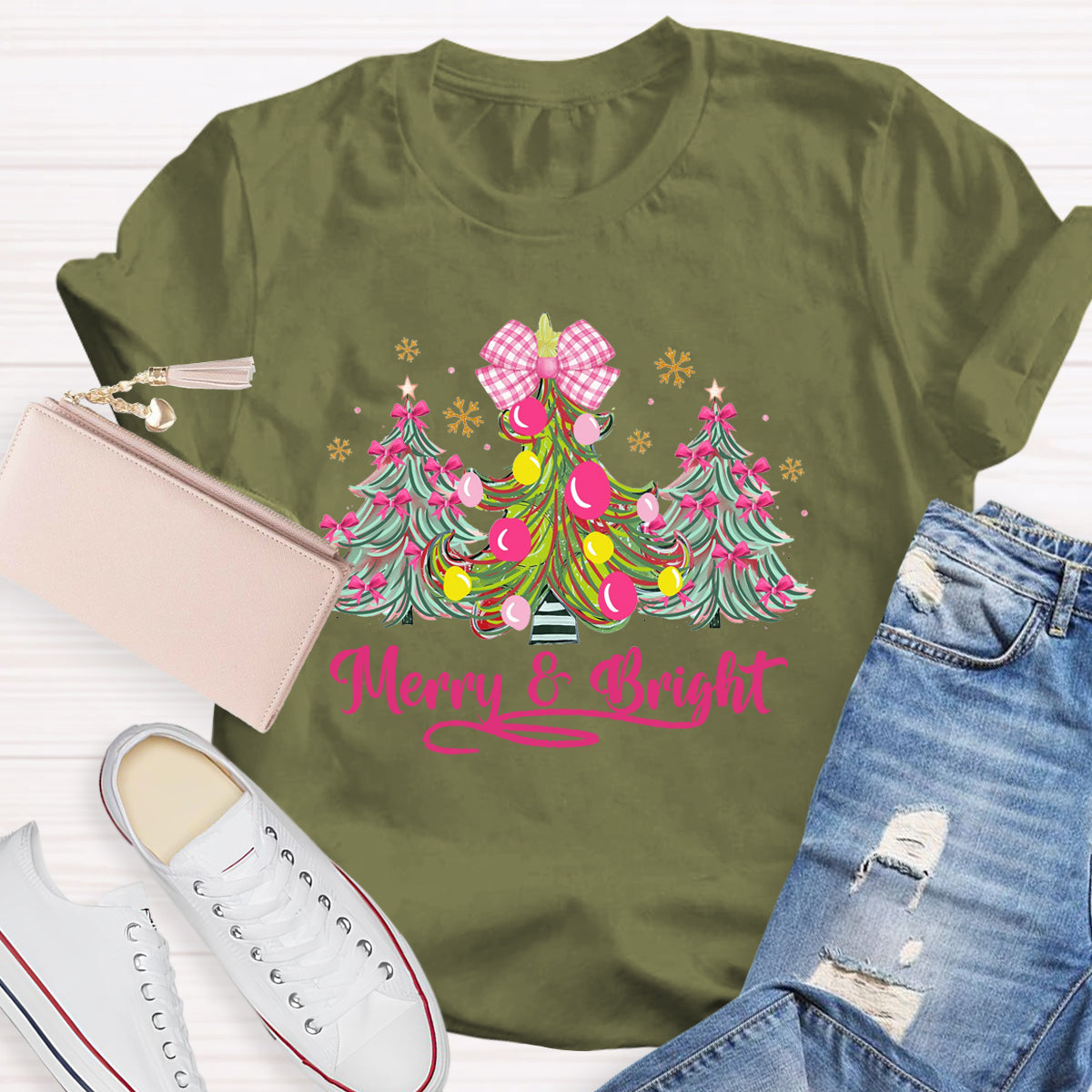 Bow Christmas Tree Merry And Bright Christmas Teacher T-Shirt