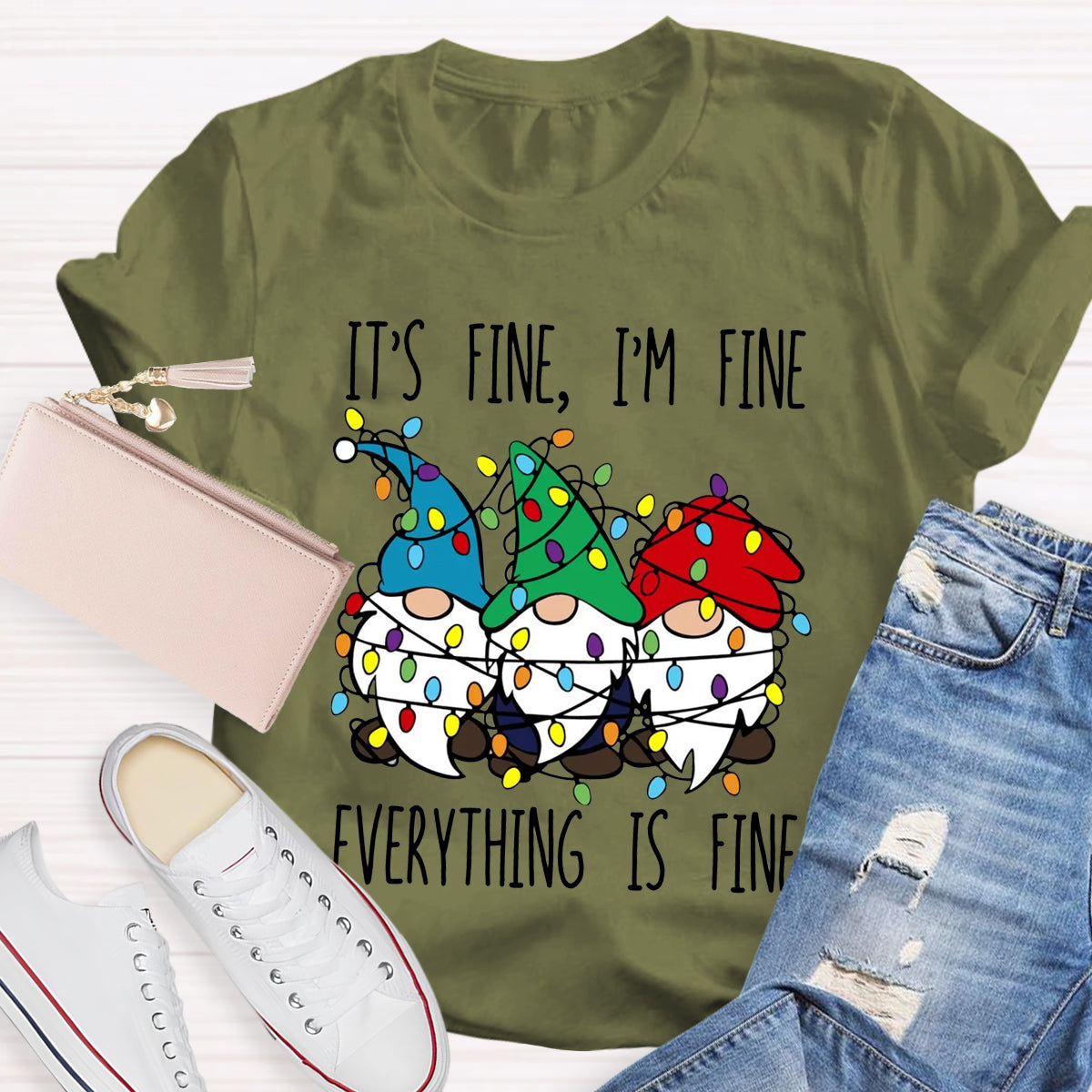 It's Fine I'M Fine Everything Is Fine Three Gnomes Christmas T-Shirt