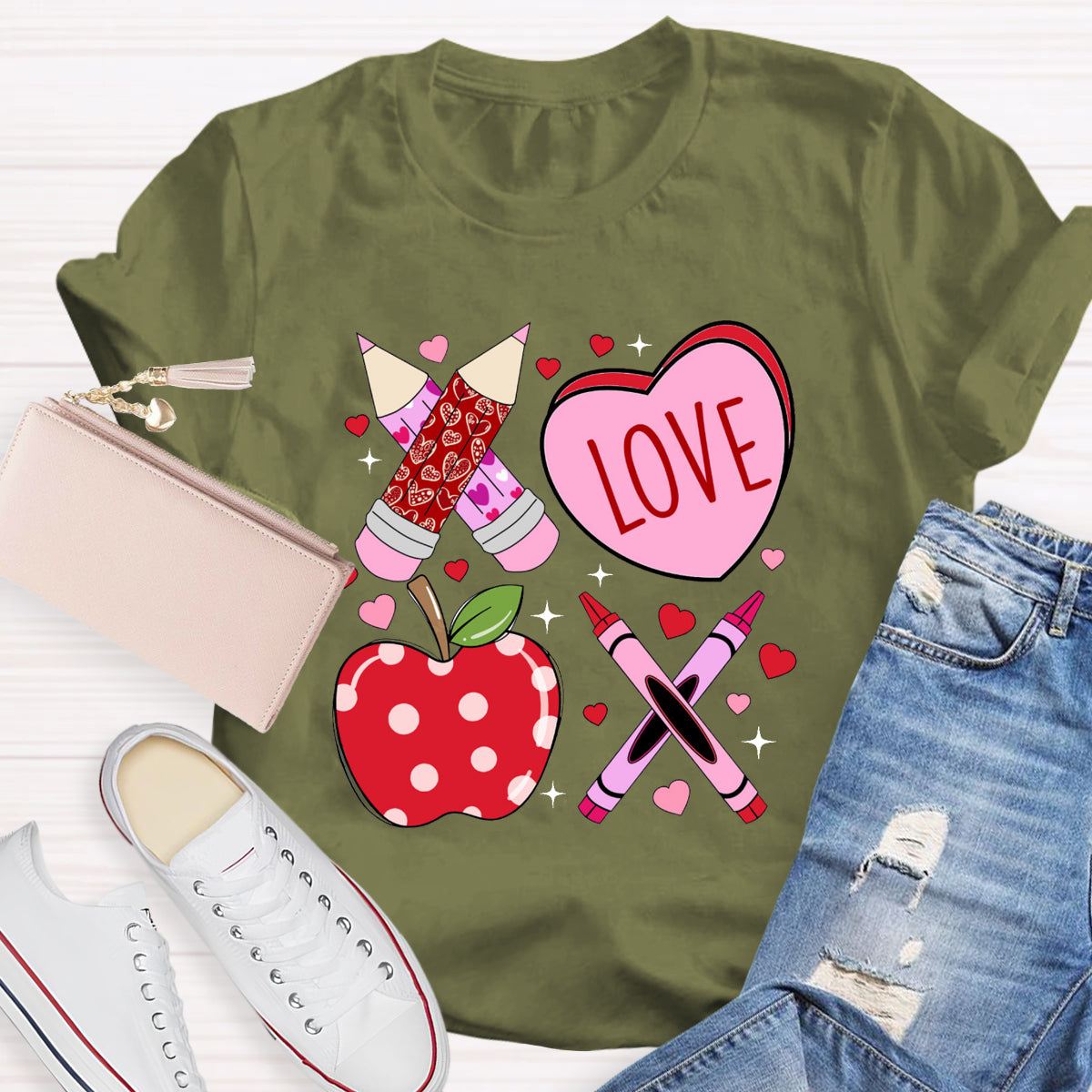 Pink Pencil And Apple Love Teacher T-Shirt