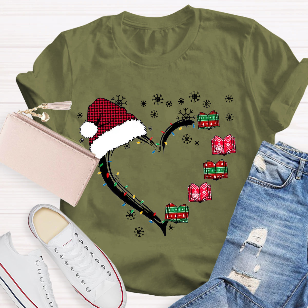 Christmas Books Heart Teacher T-Shirt