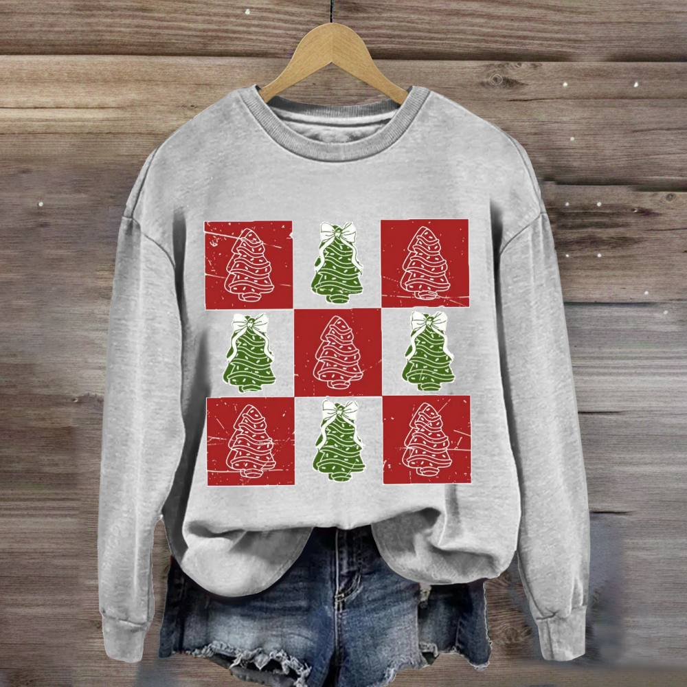 Retro Checkered Christmas Tree Cake Coquette Bow Sweatshirt