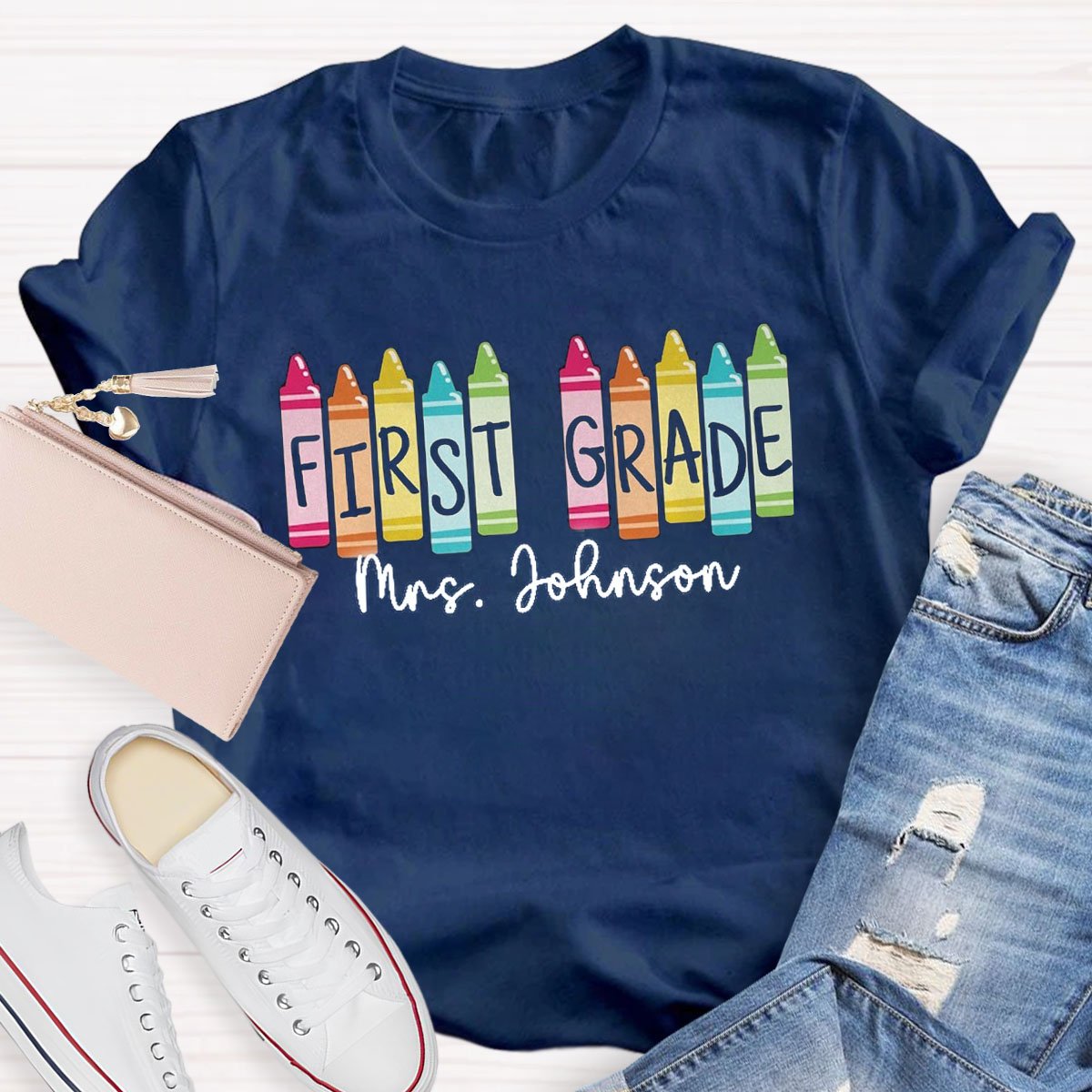 Personalized Grade And Name Colored Crayons T-Shirt