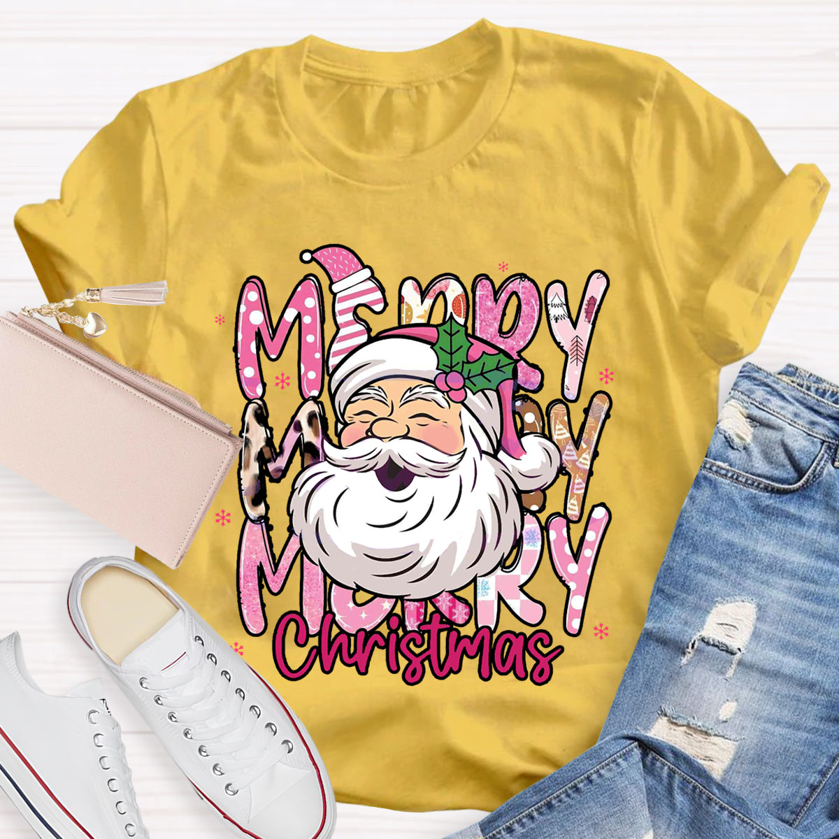 Pink Santa Claus Merry Christmas Teacher T-Shirt