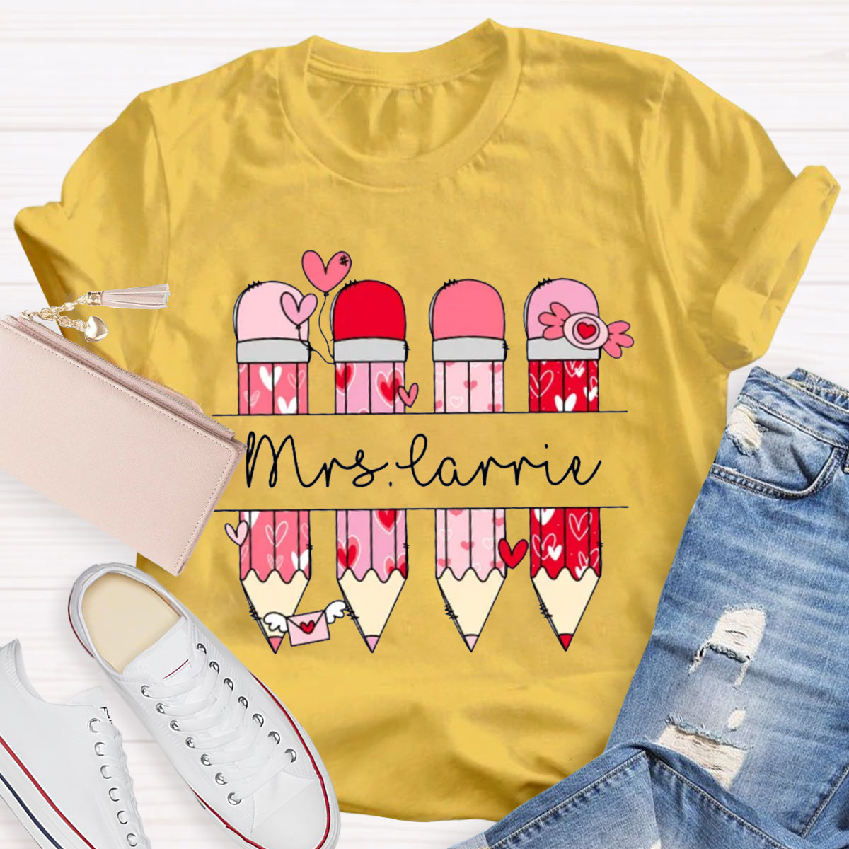 Personalized Name Valentine's Day Pink Pencil Teacher T-Shirt