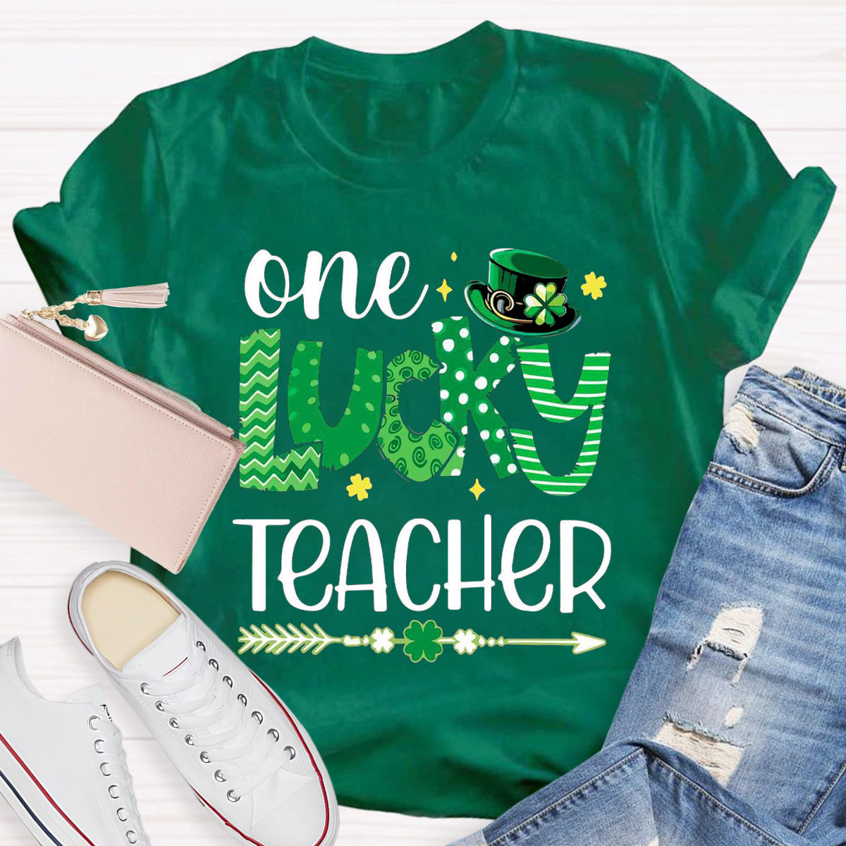 One Lucky Teacher Green Hat T-Shirt