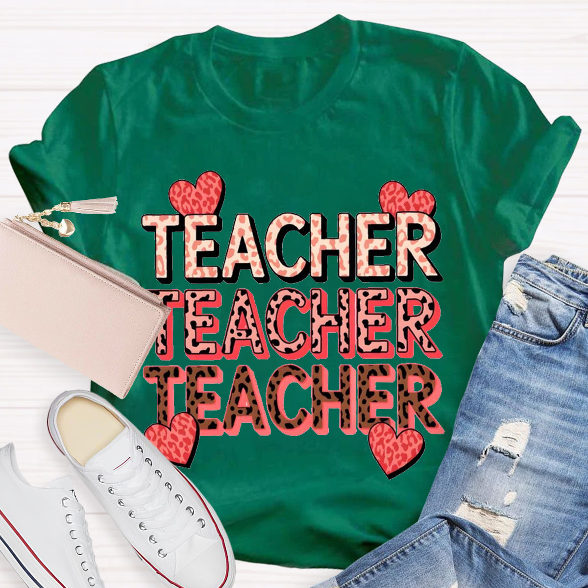 Pink Heart Valentine's Day Teacher T-Shirt