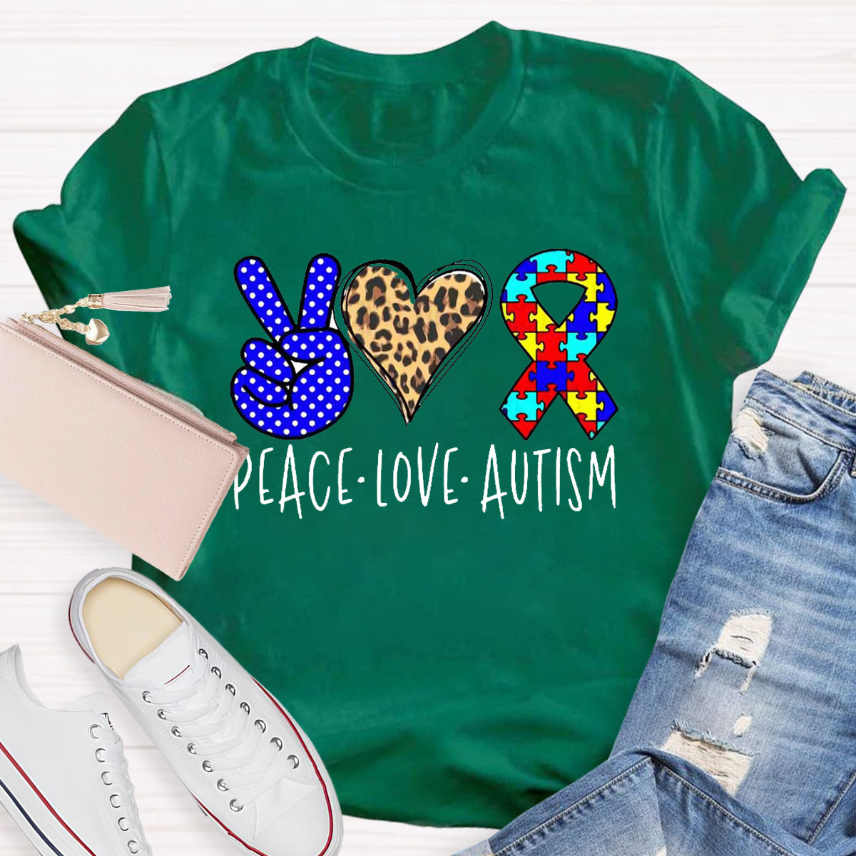 Peace love Autism Leopard Heart T-Shirt