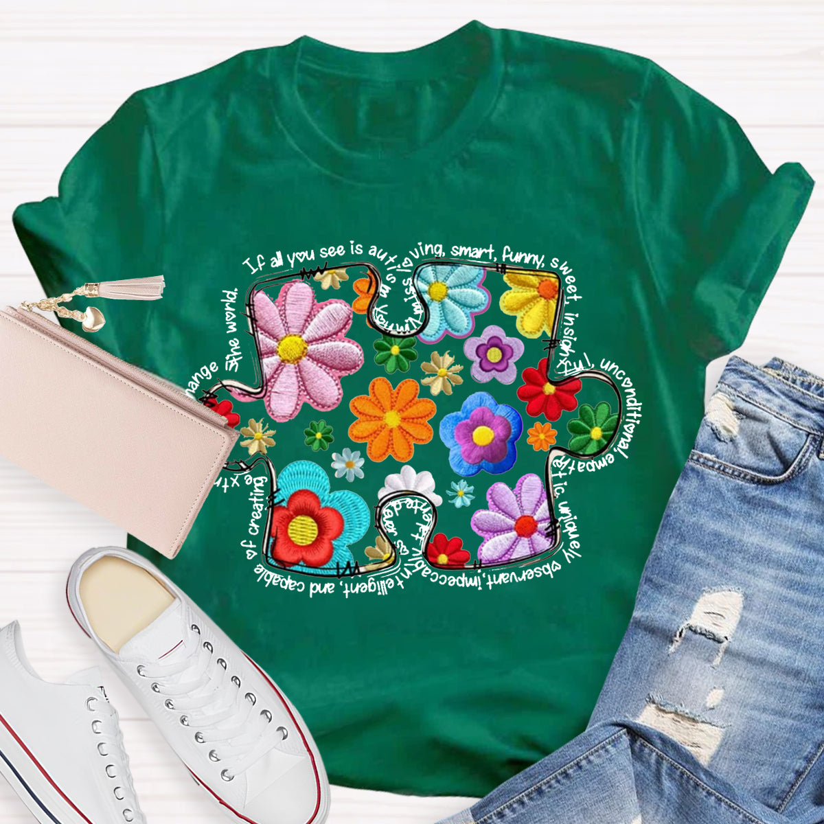 Floral Puzzle Pieces Austim T-Shirt