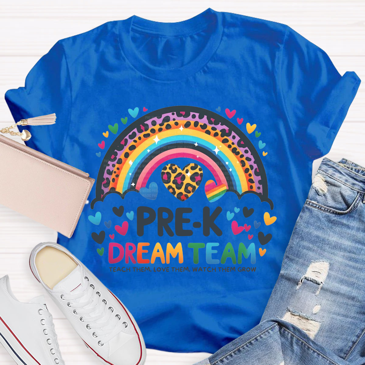 Personalized Grade Pre-K Dream Team Leopard Rainbow Teacher T-Shirt